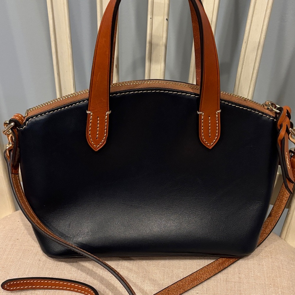 Dooney & Bourke Navy Blue Leather Ruby Dome Satchel with Tan Trim - Picture 4 of 10
